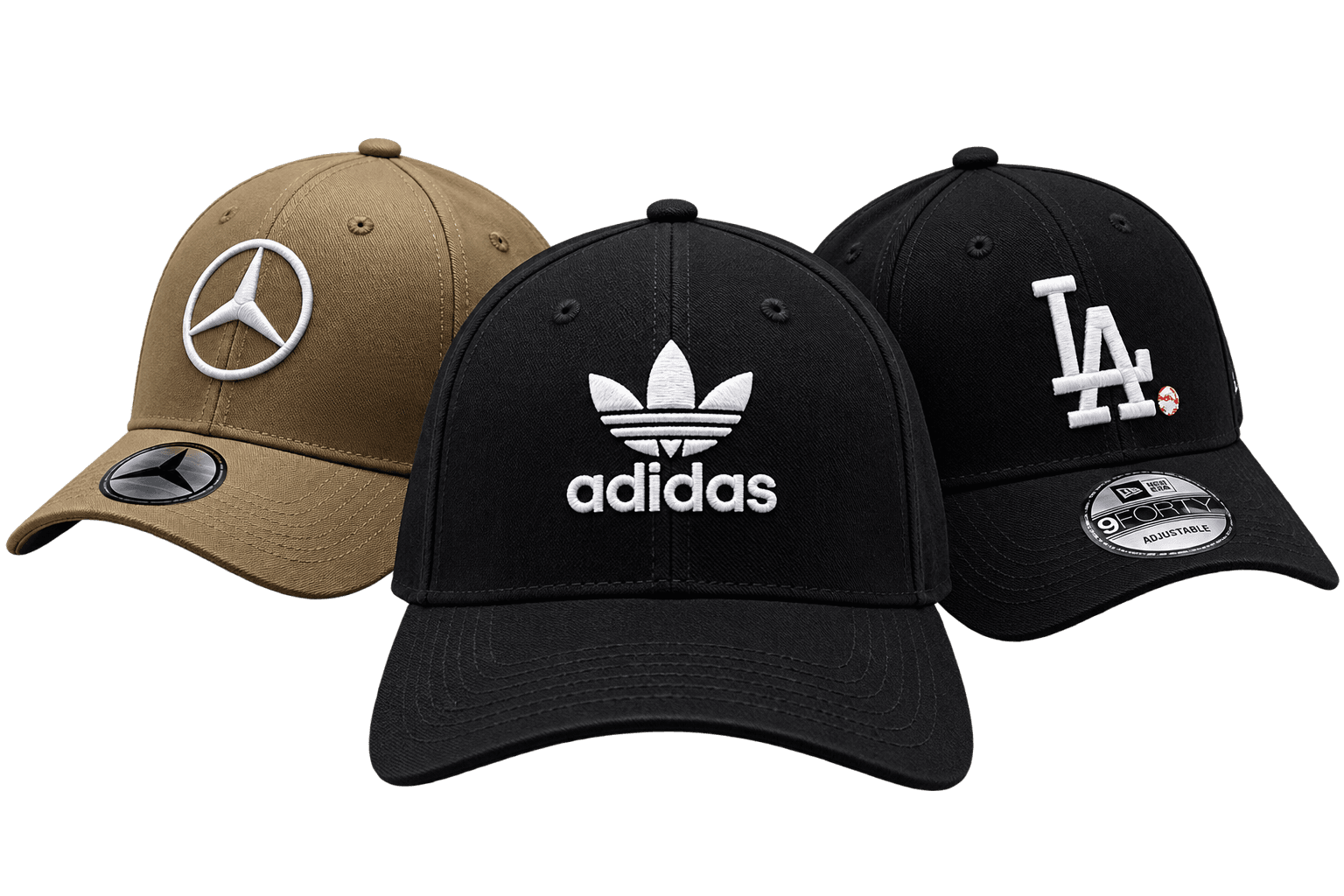 Seleção de bonés Mercedes, Adidas e Los Angeles disponíveis na Vital Bonés